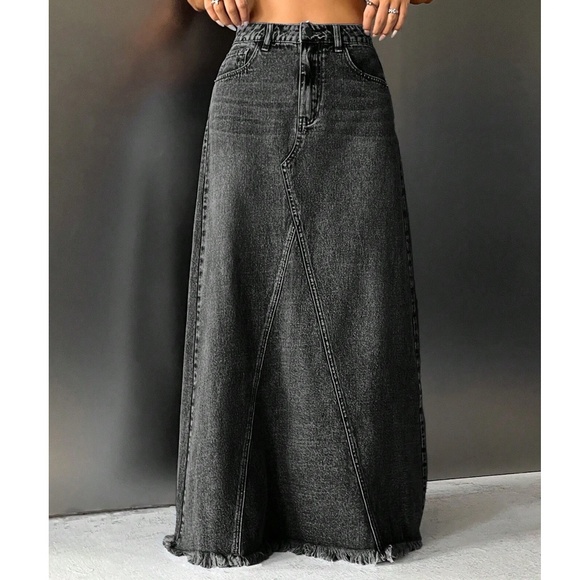 Boho Raw hem Jean Denim Pockets Maxi Skirt - Picture 3 of 4